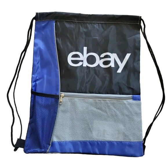 eBay Backpack Black Blue Gray String Bag Pocket Drawstring Cinch Top School Work - Picture 3 of 3